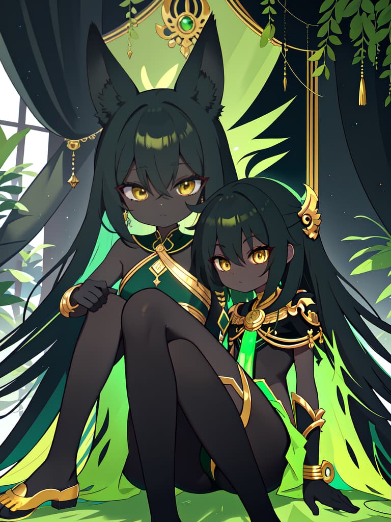  Black Anubis on a green hair character, sitting, masterpiece, best quality,8k,ultra detailed,high resolution,an extremely delicate and beautiful,hyper detail