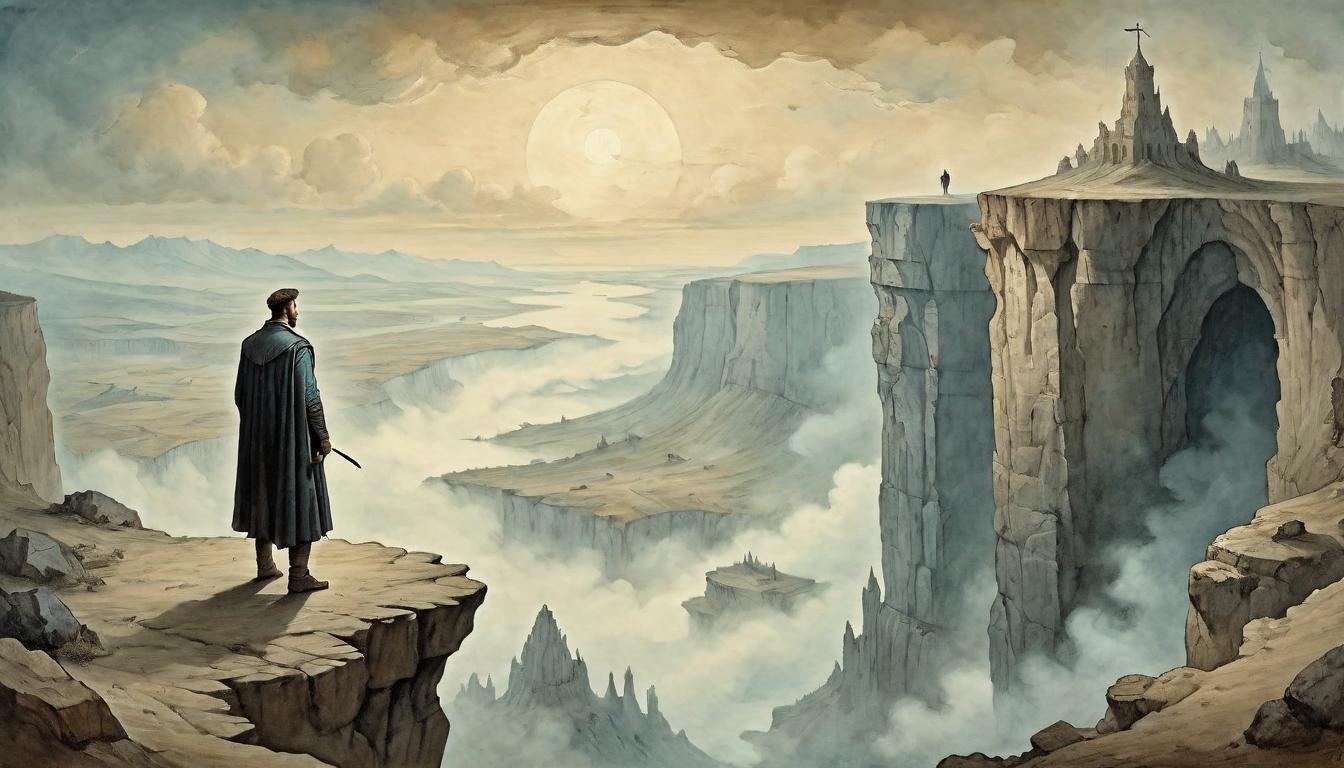  on parchment, surrealism+++, A person standing at the edge of a high cliff, expansive view below, trepidation, expansive horizon(mysterious, provocative, symbolic,muted color)+++