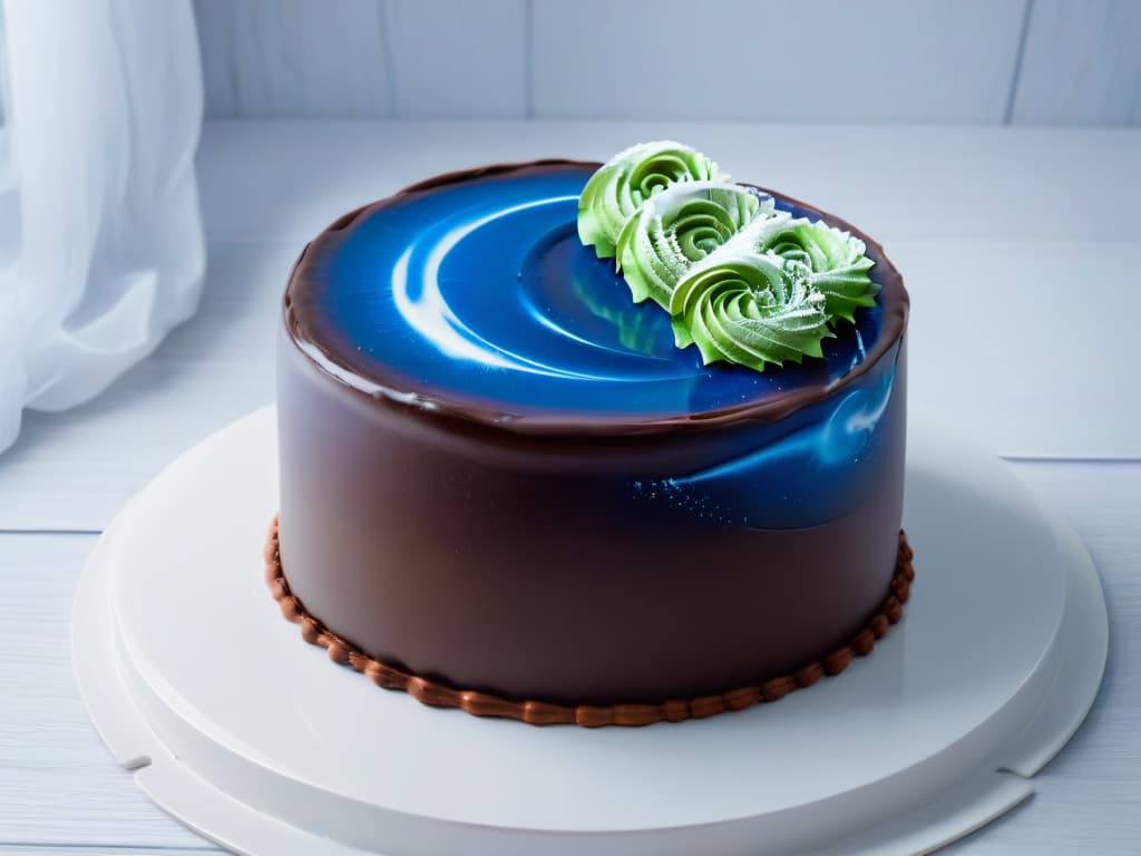  A closeup, ultradetailed image of a perfectly smooth and reflective mirror glaze covering a chocolate cake, showcasing a flawless glossy finish with intricate swirls of vibrant colors reflecting light in a mesmerizing pattern. hyperrealistic, full body, detailed clothing, highly detailed, cinematic lighting, stunningly beautiful, intricate, sharp focus, f/1. 8, 85mm, (centered image composition), (professionally color graded), ((bright soft diffused light)), volumetric fog, trending on instagram, trending on tumblr, HDR 4K, 8K