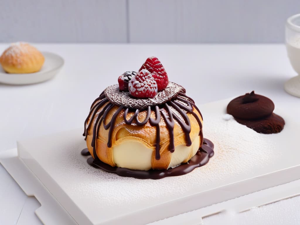  An ultradetailed image of a goldenbrown profiterole drizzled with a delicate dark chocolate ganache, topped with a single fresh raspberry and a sprinkle of powdered sugar, presented on a sleek, modern white plate with a subtle geometric pattern in the background. The profiterole is perfectly round, showing a light and airy choux pastry texture, with the glossy ganache cascading down its side, capturing the play of light and shadow in exquisite detail. The raspberry glistens with freshness, and the powdered sugar adds a touch of elegance to the overall composition, making it a visually stunning and appetizing portrayal of a healthy and delicious French treat. hyperrealistic, full body, detailed clothing, highly detailed, cinematic lighting, stunningly beautiful, intricate, sharp focus, f/1. 8, 85mm, (centered image composition), (professionally color graded), ((bright soft diffused light)), volumetric fog, trending on instagram, trending on tumblr, HDR 4K, 8K