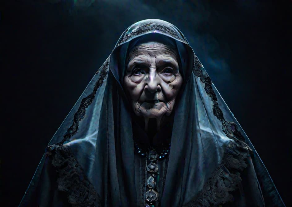  Menacing creepy old lady ghost, black background, white pupil eyes, blue grey lighting on the face, close up, horror, dark and haunting, hyperrealism, ultra detailed, 8k ar 9:16 q 2 s 750 hyperrealistic, full body, detailed clothing, highly detailed, cinematic lighting, stunningly beautiful, intricate, sharp focus, f/1. 8, 85mm, (centered image composition), (professionally color graded), ((bright soft diffused light)), volumetric fog, trending on instagram, trending on tumblr, HDR 4K, 8K