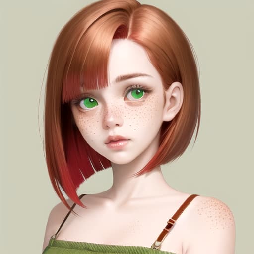 portrait of a girl with coppery red bob hair. Light green eyes, button nose, freckles and thin lips. She is wearing a simple brown dress with straps and slightly low-cut