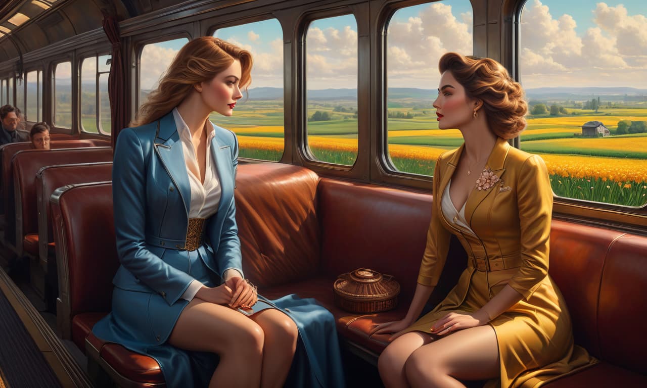  masterpiece of oil painting, fine brush, Two lovers are sitting in a train compartment a young man and a woman looking at each other. Outside the window there are spring fields in the suburbs of a big city, a sunny spring day, high detail, high quality image, anthropomorphic, comic, color illustration style hyperrealistic, full body, detailed clothing, highly detailed, cinematic lighting, stunningly beautiful, intricate, sharp focus, f/1. 8, 85mm, (centered image composition), (professionally color graded), ((bright soft diffused light)), volumetric fog, trending on instagram, trending on tumblr, HDR 4K, 8K