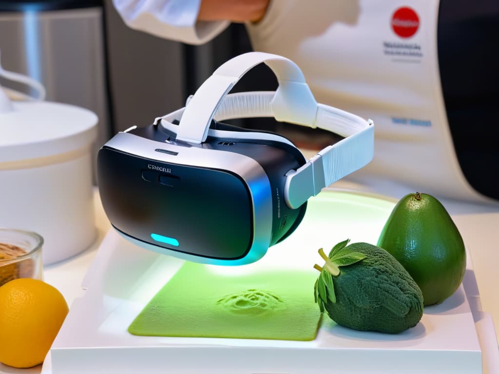  A closeup, ultradetailed image of a hand holding a virtual reality headset, with a holographic display of various ecofriendly baking ingredients floating in the air. The background is a sleek, futuristic kitchen environment with minimalistic design elements, emphasizing the intersection of technology and sustainable baking practices. The holographic ingredients include organic flour, locally sourced fruits, and compostable packaging, showcasing the innovative use of augmented reality in selecting ecofriendly ingredients for baking. hyperrealistic, full body, detailed clothing, highly detailed, cinematic lighting, stunningly beautiful, intricate, sharp focus, f/1. 8, 85mm, (centered image composition), (professionally color graded), ((bright soft diffused light)), volumetric fog, trending on instagram, trending on tumblr, HDR 4K, 8K