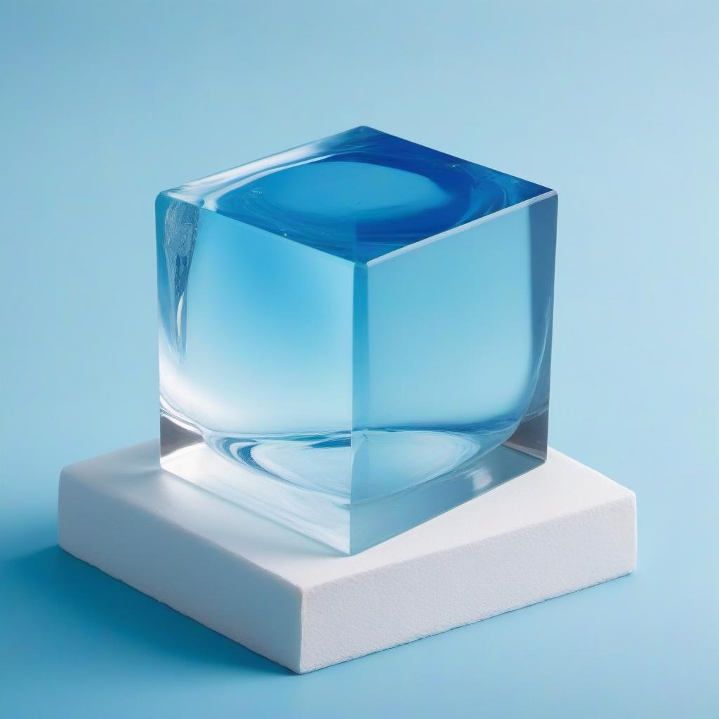  A glass cube and a large drop stretched into a drop, a ball in blue tones, in the air, in flight.The background in white blue tones from spray of colored colors.Style expressionism.