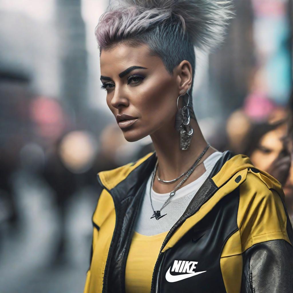  nike punk woman, photographic hyperrealistic, full body, detailed clothing, highly detailed, cinematic lighting, stunningly beautiful, intricate, sharp focus, f/1. 8, 85mm, (centered image composition), (professionally color graded), ((bright soft diffused light)), volumetric fog, trending on instagram, trending on tumblr, HDR 4K, 8K