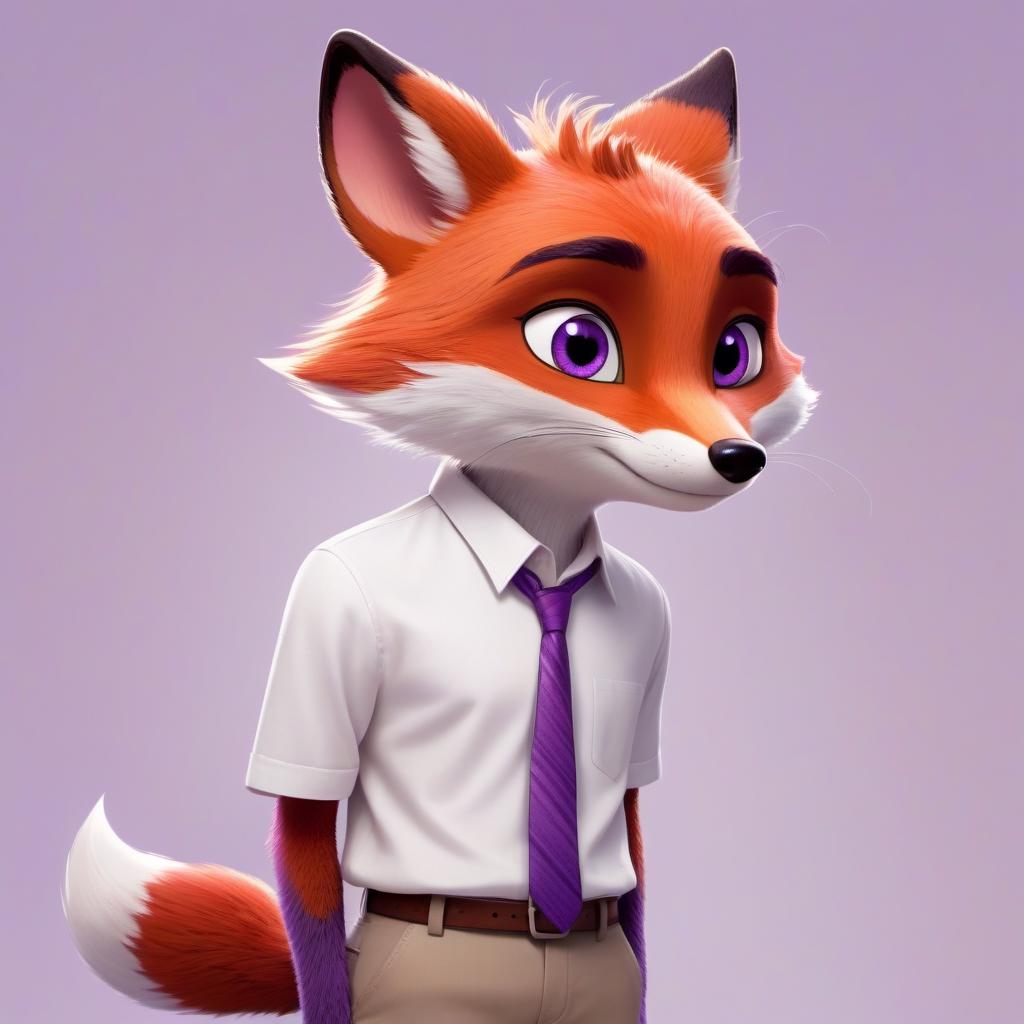  humanoid foxes in a white short sleeve shirt, purple eyes, disney pixar zootopia character concept artwork, concept, pixar style, pixar rendering, small head, skinny body, big ears, red fur, cunning