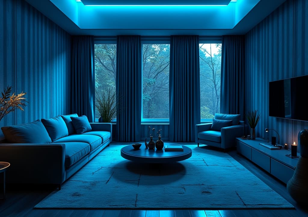  good quality, high quality, capture an unedited 8k photograph styled after mario testino, featuring a sharp, hyperrealistic, and highly detailed view of a living room designed in the art deco style, marked by 1920s 30s geometric patterns and luxury materials. the image introduces a vibrant blue effect (rgb color value for blue), professionally color graded with bright, soft diffused light, and shot using a 100mm f/2.8 telephoto lens under nocturnal lighting. this image, reminiscent of a mystery movie, employs cinestill 800t film grain to enhance a nostalgic style, drawing inspiration from past decades with vintage color schemes and dense, intricately blurred backgrounds that amplify the scene's stunning beauty, details