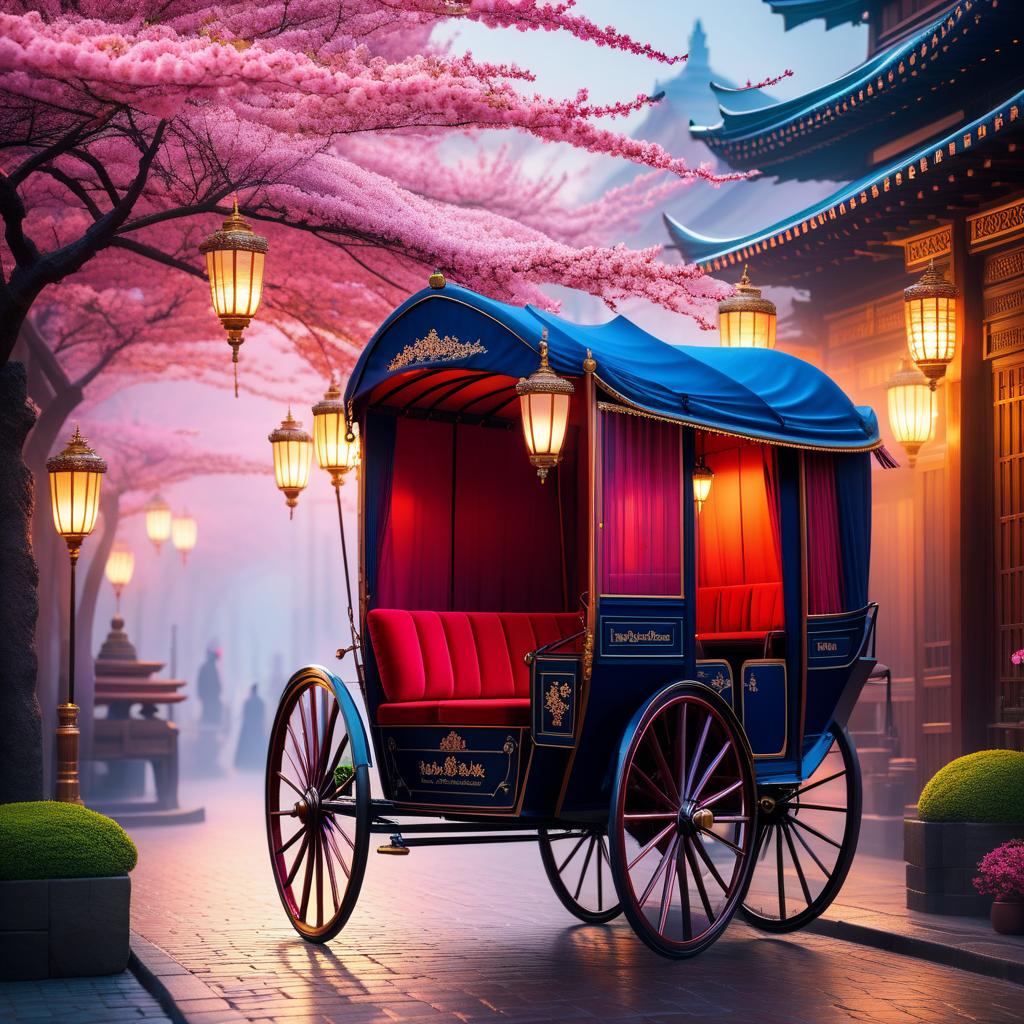  ethereal fantasy concept art of RIKSHA (Japanese jinrikisya) a light two wheeled carriage in which a person is pulled (also called a rickshaw). (Background): blossoming pink sakura, an empty rickshaw stands on the pavement. (Rickshaw design) A tent upholstered in dark blue silk. There is a sofa upholstered in red velvet and a painted wooden footstool. . magnificent, celestial, ethereal, painterly, epic, majestic, magical, fantasy art, cover art, dreamy hyperrealistic, full body, detailed clothing, highly detailed, cinematic lighting, stunningly beautiful, intricate, sharp focus, f/1. 8, 85mm, (centered image composition), (professionally color graded), ((bright soft diffused light)), volumetric fog, trending on instagram, trending on tumblr, HDR 4K, 8K