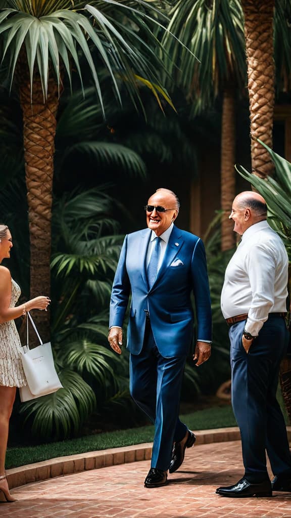  (A formal summons being served to Rudy Giuliani, former Mayor of New York City, amidst a birthday party in Palm Beach, Florida. Two agents from the Arizona Attorney General's Office approach Giuliani as he is leaving the party, surrounded by concerned guests. The setting is a luxurious residence or event venue in a warm, tropical location, with palm trees and other lush greenery visible in the background.) hyperrealistic, full body, detailed clothing, highly detailed, cinematic lighting, stunningly beautiful, intricate, sharp focus, f/1. 8, 85mm, (centered image composition), (professionally color graded), ((bright soft diffused light)), volumetric fog, trending on instagram, trending on tumblr, HDR 4K, 8K