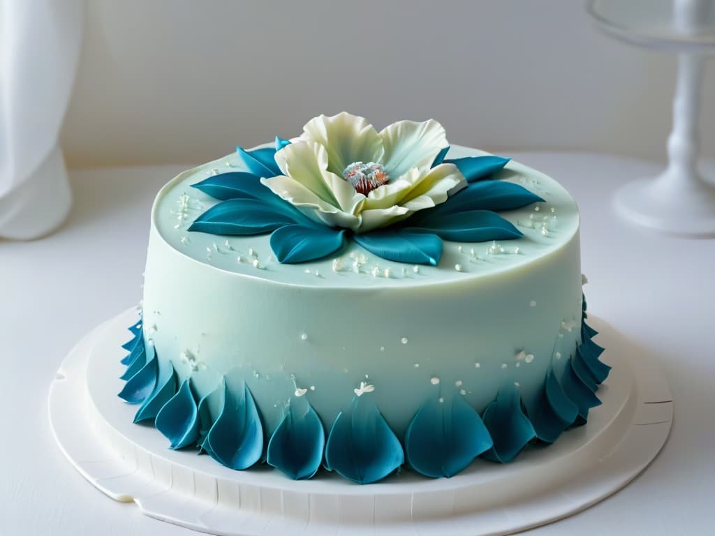  A closeup, ultradetailed image of a delicate, intricately designed sugar flower on a pristine white fondant cake, showcasing the meticulous artistry and craftsmanship involved in creating unique pastry presentations. The image captures the fine details of the petals, the gentle gradient of colors, and the subtle shimmer of edible glitter, evoking a sense of elegance and sophistication that embodies the essence of creating exceptional pastry displays. hyperrealistic, full body, detailed clothing, highly detailed, cinematic lighting, stunningly beautiful, intricate, sharp focus, f/1. 8, 85mm, (centered image composition), (professionally color graded), ((bright soft diffused light)), volumetric fog, trending on instagram, trending on tumblr, HDR 4K, 8K