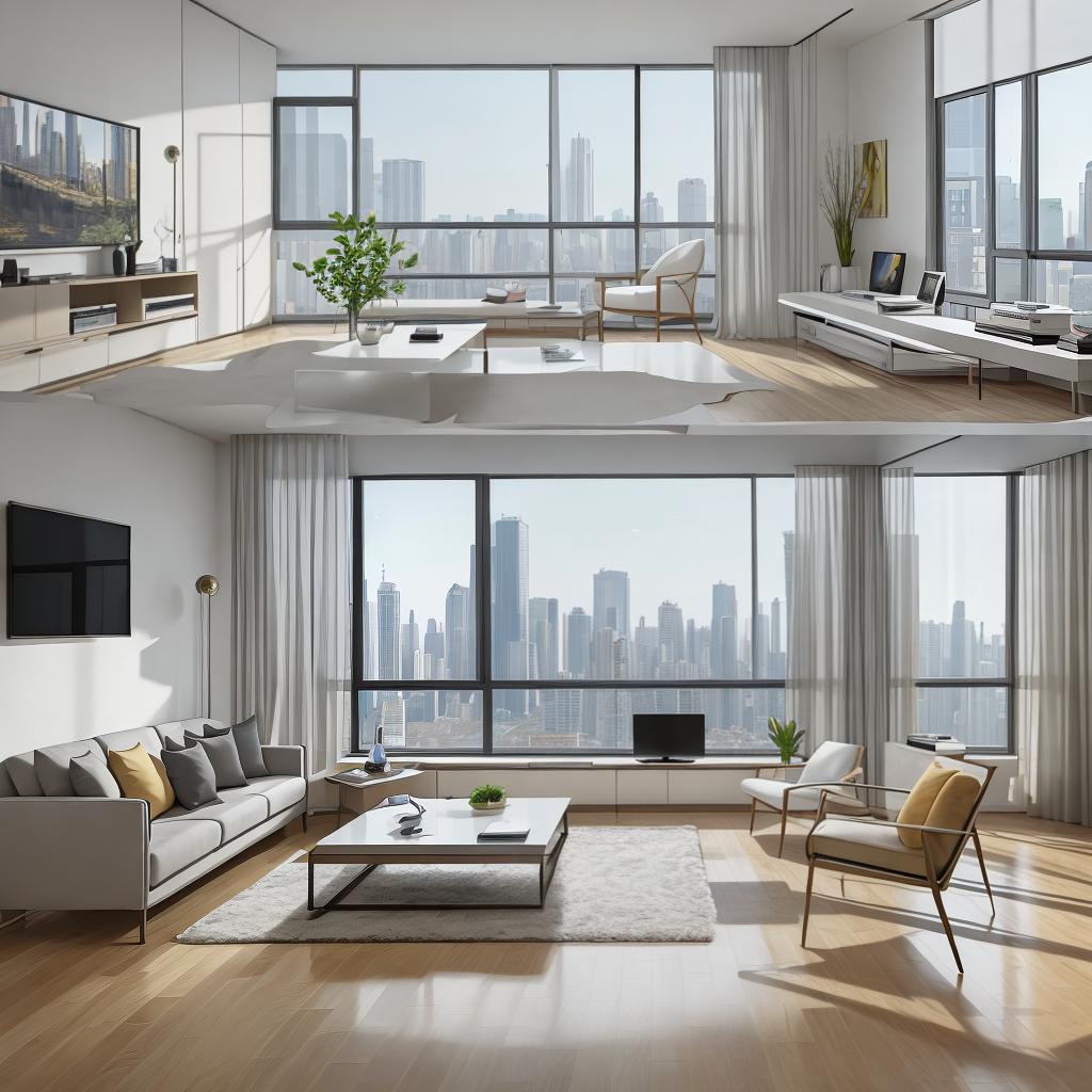  masterpiece, best quality, best quality, masterpiece, 8k resolution, high resolution apartment Living room concept art with floor-to-ceiling windows and modern furniture