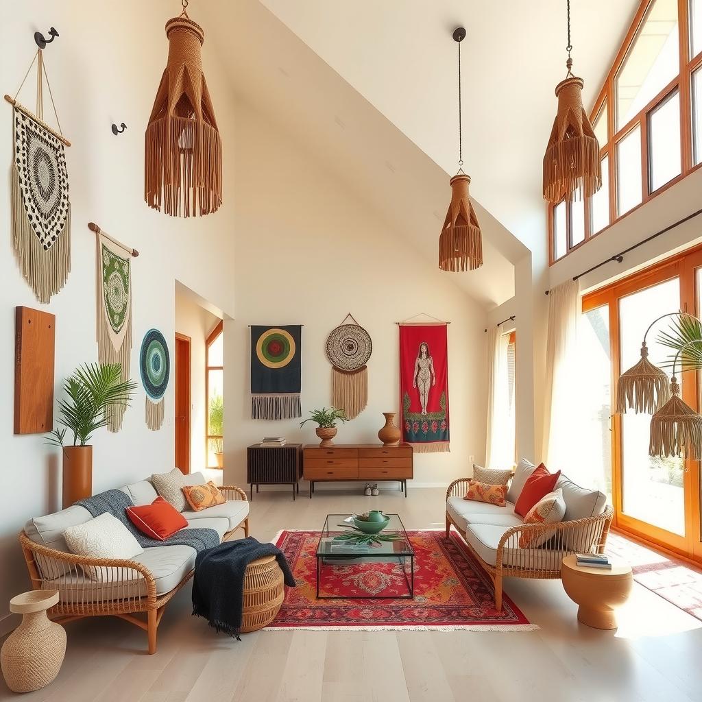  expansive boho living room with an airy layout, featuring large windows for natural light, walls adorned with macramé wall hangings, a mix of colorful textiles, and an eclectic arrangement of furniture including a rattan sofa and layered rugs. highlight the spacious, open feel and cozy, inviting atmosphere.,