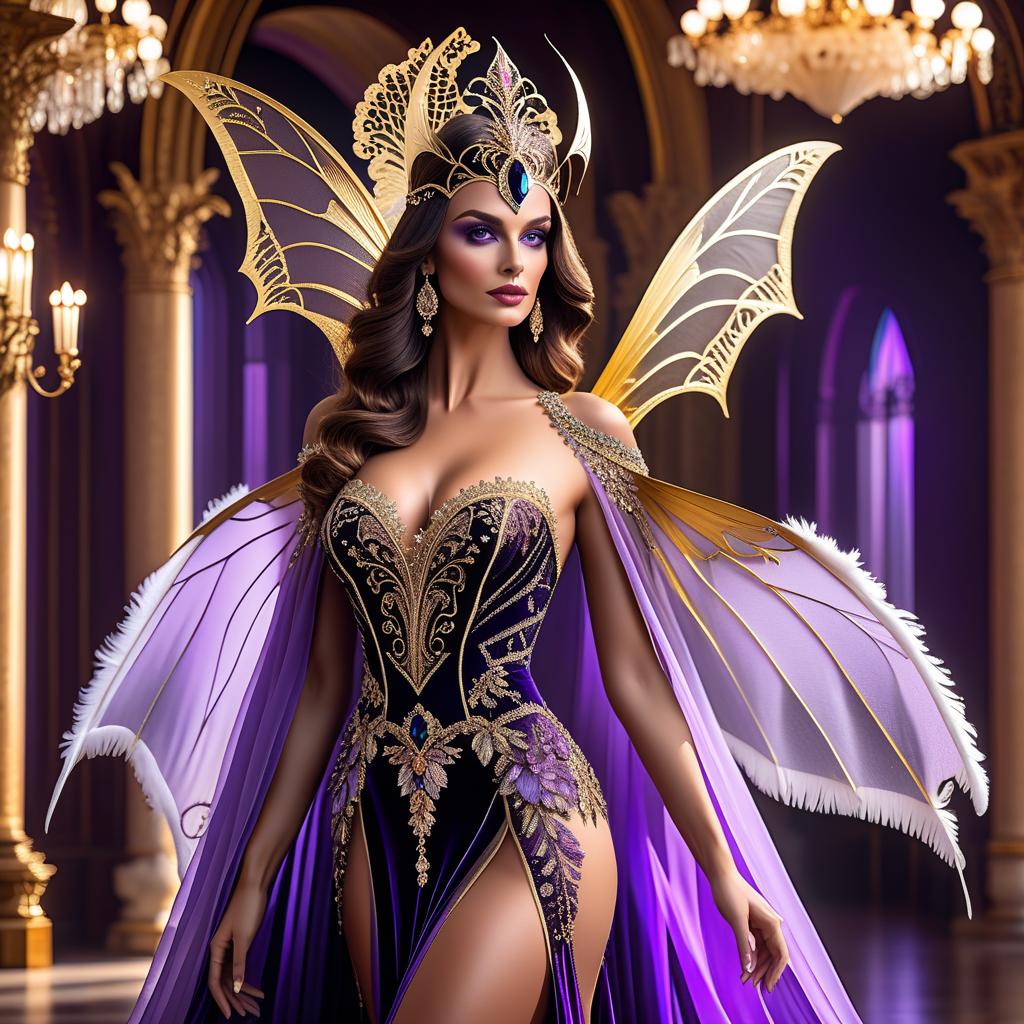  Art Deco style (Interior):An ancient ballroom with baroque columns. A girl close up. (Half mask Columbine) mask, covering only part of the face. Decorations of the mask: with patterned ornament in the form of butterfly wings colour: black, gold, purple, lilac, feathers, gold leaf, precious stones, Venetian lace, rhinestones, beads. (Dress) the bat style is incomparable an unattached, loose and very open dress of translucent fabric with a high slit, all in sequins; a transparent mantle attached to the shoulders, really resembling bat wings, and a magnificent headpiece with ostrich feathers. Translated with DeepL.com (free version) . geometric shapes, bold colors, luxurious, elegant, decorative, symmetrical, ornate, detailed hyperrealistic, full body, detailed clothing, highly detailed, cinematic lighting, stunningly beautiful, intricate, sharp focus, f/1. 8, 85mm, (centered image composition), (professionally color graded), ((bright soft diffused light)), volumetric fog, trending on instagram, trending on tumblr, HDR 4K, 8K