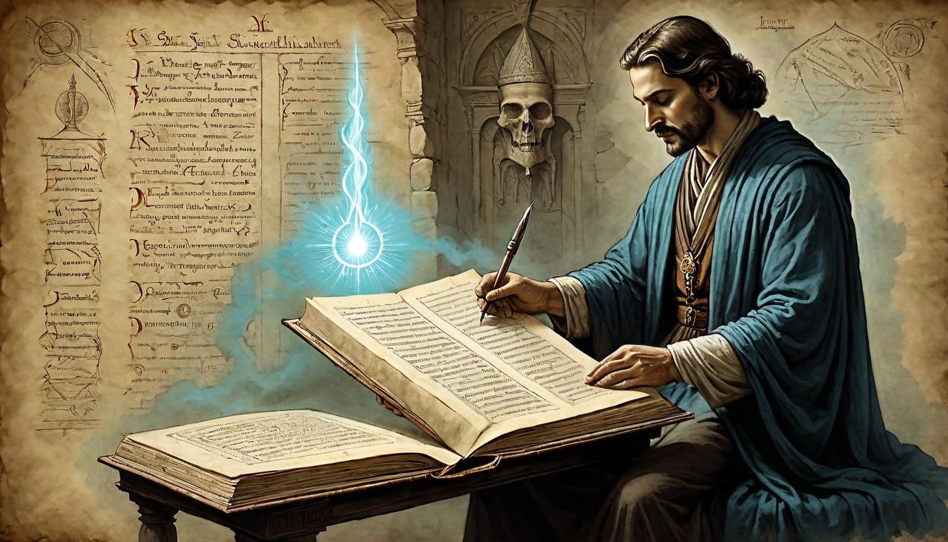  on parchment, surrealism+++, Person reading an ancient text, light emanating from pages, absorbing knowledge, intense focus, transformative(mysterious, provocative, symbolic,muted color)+++