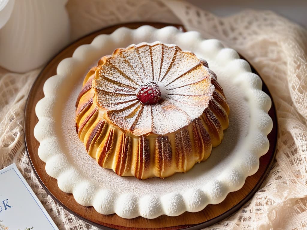  An ultradetailed closeup image of a perfectly goldenbrown madeleine resting on a delicate lace doily, showcasing the intricate shelllike ridges on its surface, with a gentle dusting of powdered sugar shimmering in the soft natural light. The madeleine is surrounded by a few scattered fresh raspberries and a sprig of fragrant lavender, all set on a pristine white porcelain plate, exuding an aura of elegance and refinement. hyperrealistic, full body, detailed clothing, highly detailed, cinematic lighting, stunningly beautiful, intricate, sharp focus, f/1. 8, 85mm, (centered image composition), (professionally color graded), ((bright soft diffused light)), volumetric fog, trending on instagram, trending on tumblr, HDR 4K, 8K