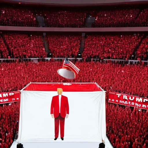  Donald Trump standing before a red banner with a giant white T printed on it