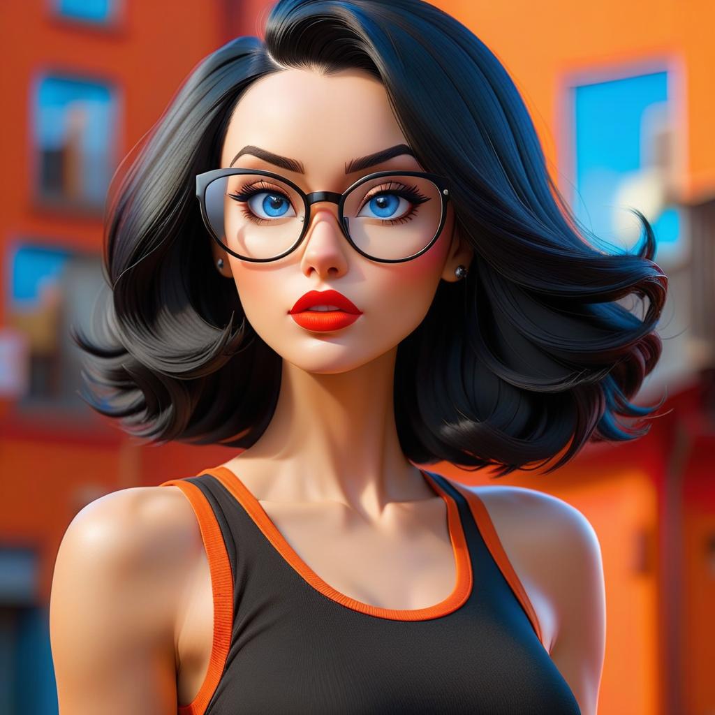  A girl in a tank top, black hair, blue eyes, red lips, wearing glasses, bobbed hairstyle, orange background. hyperrealistic, full body, detailed clothing, highly detailed, cinematic lighting, stunningly beautiful, intricate, sharp focus, f/1. 8, 85mm, (centered image composition), (professionally color graded), ((bright soft diffused light)), volumetric fog, trending on instagram, trending on tumblr, HDR 4K, 8K