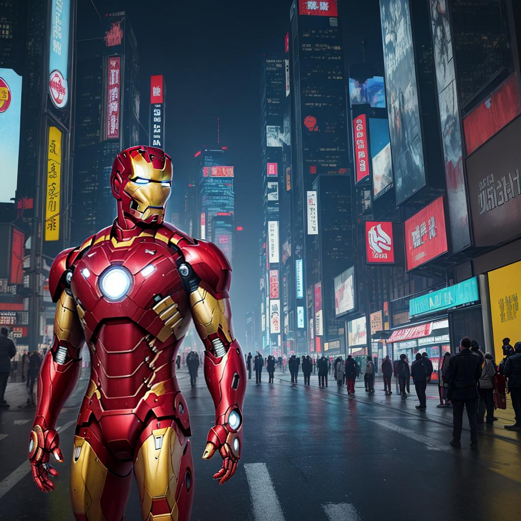  masterpiece, best quality, Best quality, masterpiece, 8k resolution, realistic, highly detailed, close up of Iron Man. In a cyberpunk-style night scene of the city, he stands on a street lined with tall buildings. The city's night lights are bright, The surrounding buildings and streets are filled with cyberpunk elements such as neon lights, high-tech devices, and futuristic architectural designs.