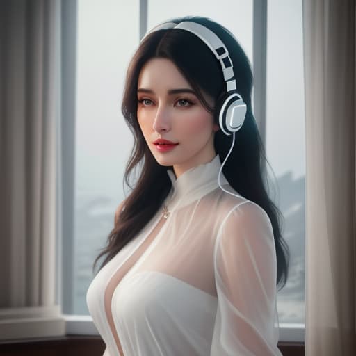  analog style, best quality, gorgeous young Swiss sitting by window with headphones on, wearing white with translucent shirt over, soft lips, beach hair, octane render, unreal engine, photograph, realistic skin texture, photorealistic, hyper realism, highly detailed, 85mm portrait photography, award winning, hard rim lighting photography hyperrealistic, full body, detailed clothing, highly detailed, cinematic lighting, stunningly beautiful, intricate, sharp focus, f/1. 8, 85mm, (centered image composition), (professionally color graded), ((bright soft diffused light)), volumetric fog, trending on instagram, trending on tumblr, HDR 4K, 8K