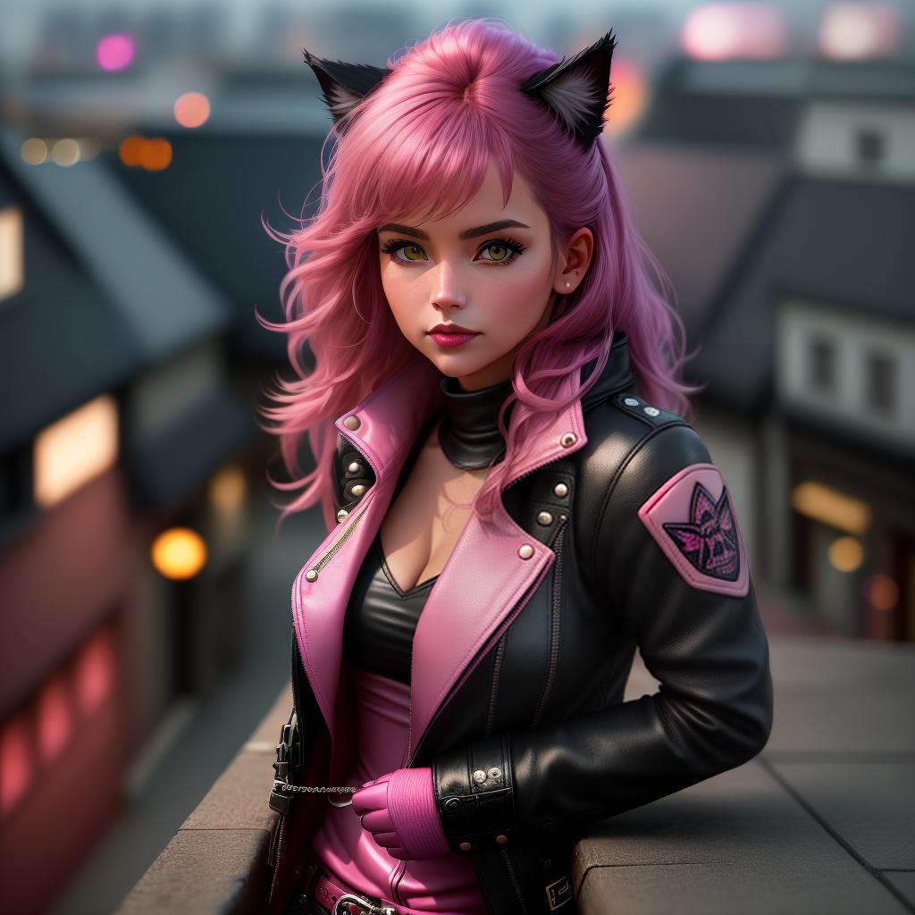  youg woman catgirl , black leather boots she loves her pink jacket, jumps from the top of the roof , hyperrealistic, high quality, highly detailed, perfect lighting, intricate, sharp focus, f/1. 8, 85mm, (centered image composition), (professionally color graded), ((bright soft diffused light)), trending on instagram, HDR 4K, 8K