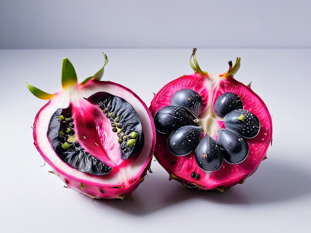  A minimalistic yet captivating image of a vibrant dragon fruit sliced in half, showcasing its striking magenta flesh speckled with tiny black seeds, set against a clean, white background. The intricate details of the fruit's texture and the contrast between the bright interior and the subdued exterior create a visually appealing and elegant composition that perfectly embodies the exotic nature of the ingredient. hyperrealistic, full body, detailed clothing, highly detailed, cinematic lighting, stunningly beautiful, intricate, sharp focus, f/1. 8, 85mm, (centered image composition), (professionally color graded), ((bright soft diffused light)), volumetric fog, trending on instagram, trending on tumblr, HDR 4K, 8K