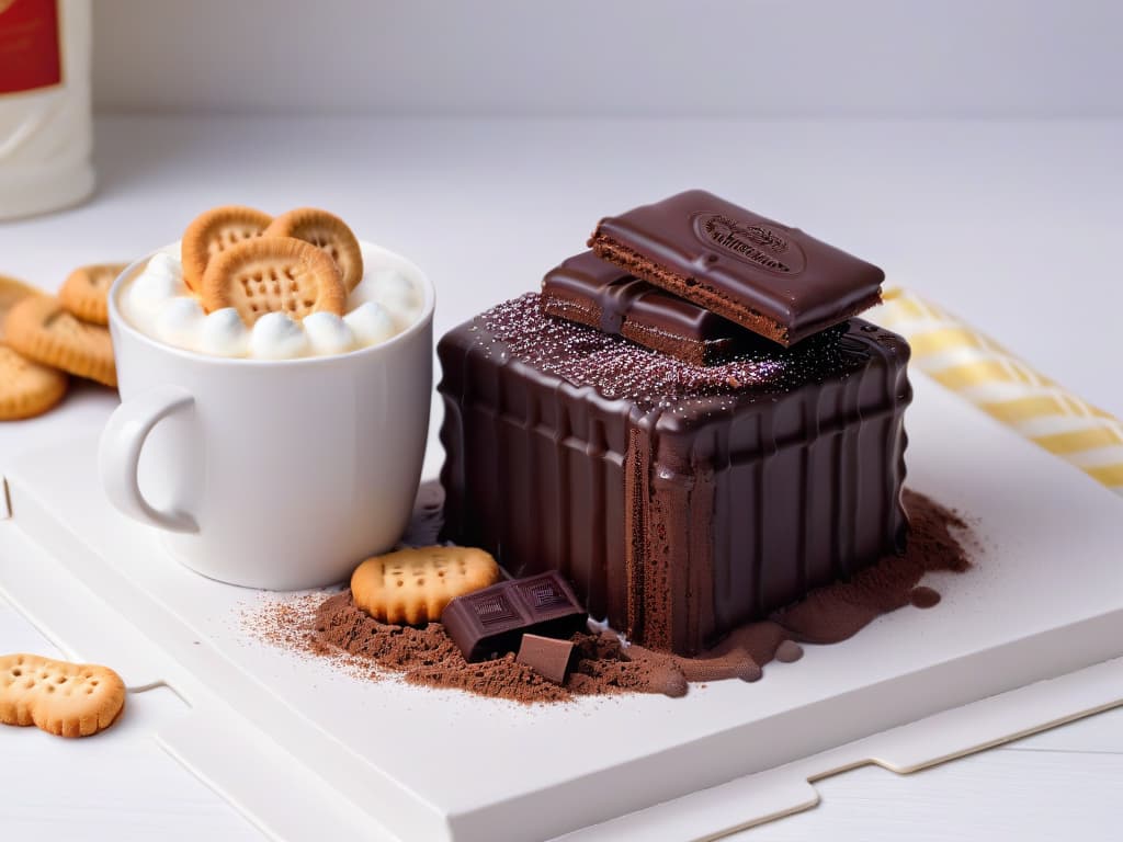  A closeup, ultradetailed image of a perfectly brewed cup of hot chocolate with a single Tim Tam biscuit placed delicately on the saucer next to it. The steam rising from the rich, velvety cocoa mixes beautifully with the glossy chocolate coating of the Tim Tam, creating a visual symphony of warmth and indulgence. The lighting is soft and warm, casting a gentle glow on the scene and highlighting the intricate details of the biscuit and the beverage. Each droplet of condensation on the cup is crystal clear, and the texture of the biscuit's chocolate exterior is so lifelike that it seems almost tangible. This image evokes a sense of comfort, luxury, and anticipation, setting the stage for the ultimate Tim Tam Slam experience. hyperrealistic, full body, detailed clothing, highly detailed, cinematic lighting, stunningly beautiful, intricate, sharp focus, f/1. 8, 85mm, (centered image composition), (professionally color graded), ((bright soft diffused light)), volumetric fog, trending on instagram, trending on tumblr, HDR 4K, 8K