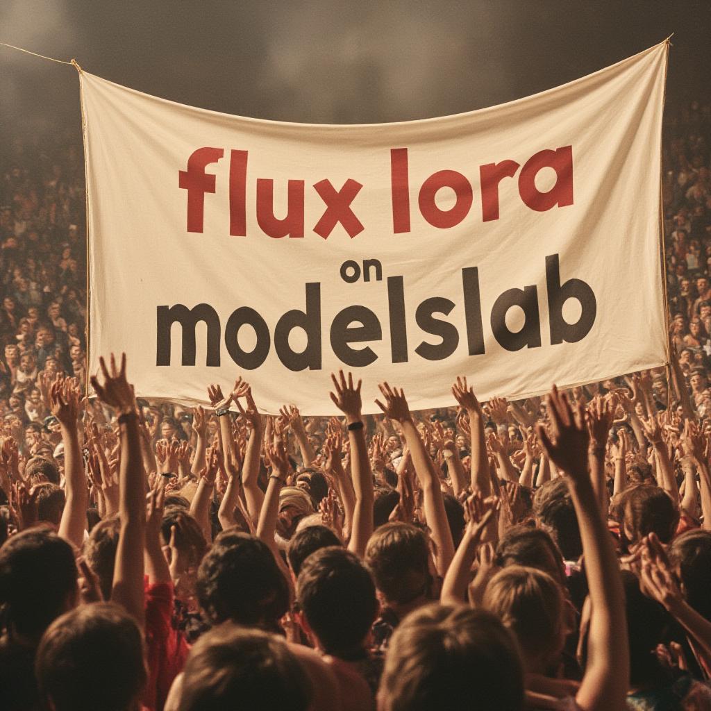  vintage style, a huge crowd cheering at a huge banner, banner contains the text 'flux lora on modelslab'.