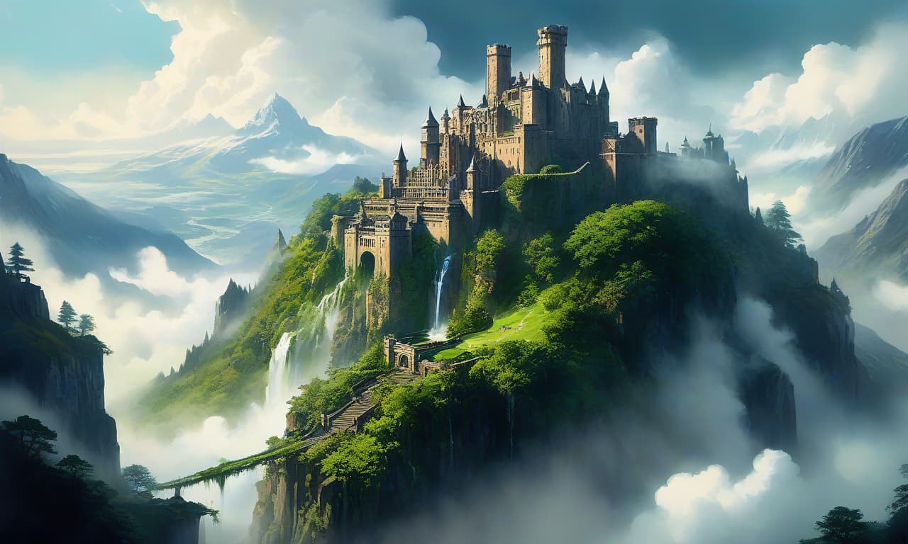  a castle on top of a mountain surrounded by clouds, watercolor, acrylic painting, inspired by Andreas Rocha, hanging gardens, floating waterfalls, mortal engines, manicured solarpunk greenery, mysterious hyperrealistic, full body, detailed clothing, highly detailed, cinematic lighting, stunningly beautiful, intricate, sharp focus, f/1. 8, 85mm, (centered image composition), (professionally color graded), ((bright soft diffused light)), volumetric fog, trending on instagram, trending on tumblr, HDR 4K, 8K