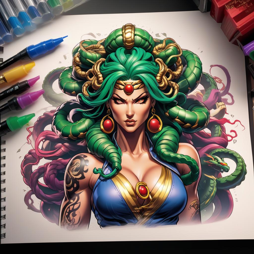  Street Fighter style Medusa Gorgon tattoo sketch . vibrant, dynamic, arcade, 2D fighting game, highly detailed, reminiscent of Street Fighter series hyperrealistic, full body, detailed clothing, highly detailed, cinematic lighting, stunningly beautiful, intricate, sharp focus, f/1. 8, 85mm, (centered image composition), (professionally color graded), ((bright soft diffused light)), volumetric fog, trending on instagram, trending on tumblr, HDR 4K, 8K