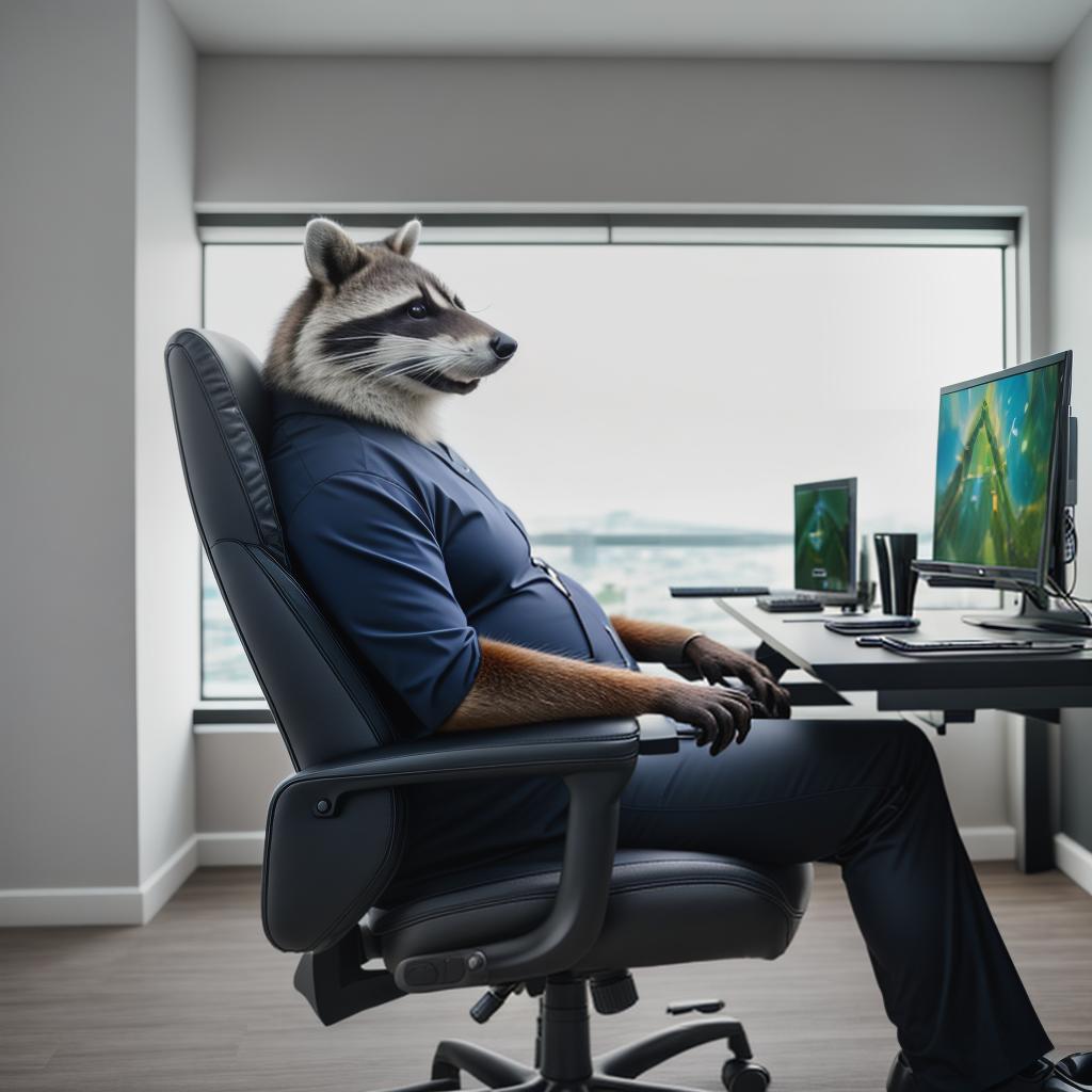  raccoon sitting in gaming chair front a computer on desktop, ((semi anthropomorphic)),(full body), tail, belly, sitting, fat, (chubby), (((white background))), solo, desktop, gaming chair, side view,  [[[clothes]]] hyperrealistic, full body, detailed clothing, highly detailed, cinematic lighting, stunningly beautiful, intricate, sharp focus, f/1. 8, 85mm, (centered image composition), (professionally color graded), ((bright soft diffused light)), volumetric fog, trending on instagram, trending on tumblr, HDR 4K, 8K