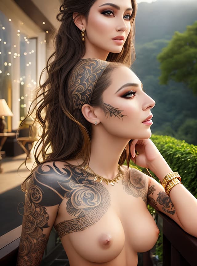  (realism), best quality, high resolution, highly detailed, detailed background, perfect lighting, lens flare, fantasy, nature, 1girl,(luxury hotel:1.2), detailed face, perfect face, detailed face, beautiful eyes, pretty face, (bright skin:1.3), body art , lookbook model, real face , bust covered in tattoos, openwork and
