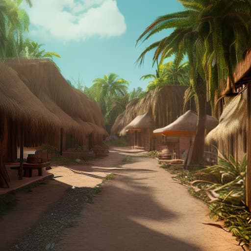 redshift style A rastafari jamaican village, street view, earth tone colors, painterly anime style.
