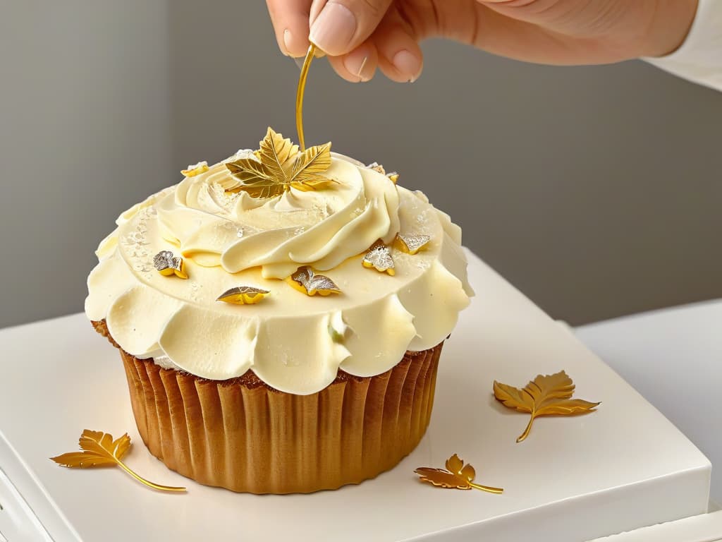  A closeup, ultradetailed shot of a hand delicately placing a tiny, intricate edible gold leaf on top of a glossy, perfectly frosted cupcake. The image captures the precision and artistry involved in dessert customization, with the gold leaf shimmering under a soft, focused light, highlighting every minute detail of the process. The background is a simple, elegant white marble surface, emphasizing the luxurious and professional aesthetic of the branding and customization techniques discussed in the article. hyperrealistic, full body, detailed clothing, highly detailed, cinematic lighting, stunningly beautiful, intricate, sharp focus, f/1. 8, 85mm, (centered image composition), (professionally color graded), ((bright soft diffused light)), volumetric fog, trending on instagram, trending on tumblr, HDR 4K, 8K