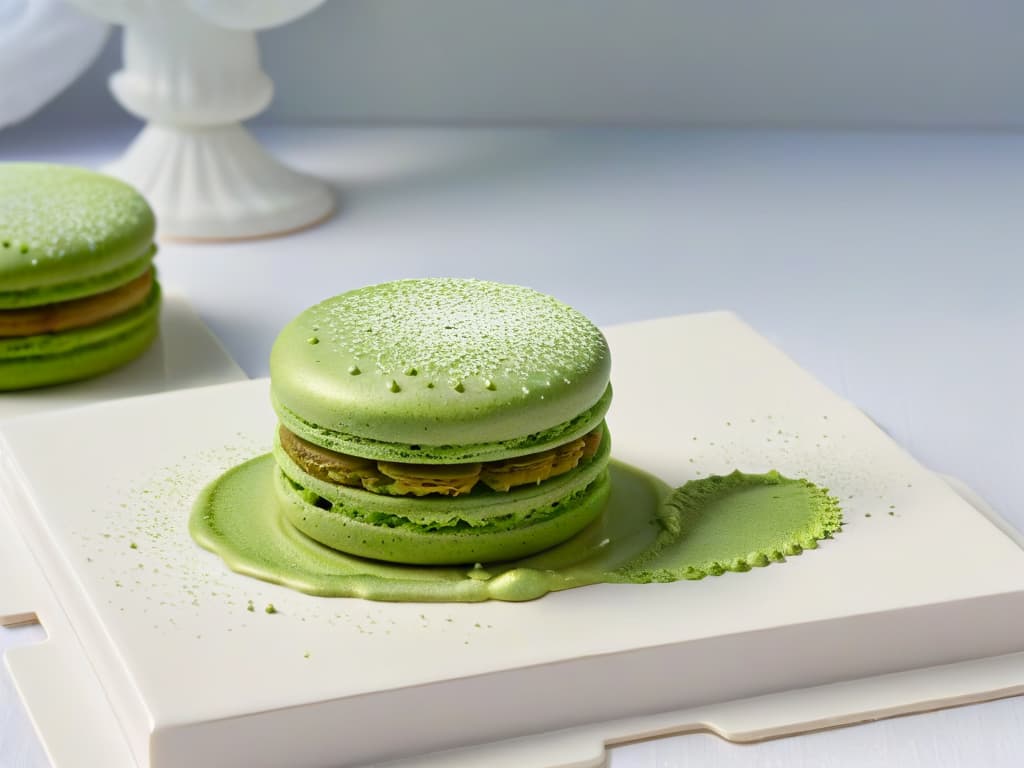  An exquisite closeup photorealistic image of a vibrant green matcha macaron delicately placed on a pristine white porcelain plate. The macaron's smooth, shiny surface reflects the light, showcasing its perfect round shape and intricate foot. Tiny specks of matcha powder dust the top, adding a touch of elegance. The background is softly blurred, emphasizing the macaron's impeccable details and inviting the viewer to savor the fusion of French and Japanese flavors. hyperrealistic, full body, detailed clothing, highly detailed, cinematic lighting, stunningly beautiful, intricate, sharp focus, f/1. 8, 85mm, (centered image composition), (professionally color graded), ((bright soft diffused light)), volumetric fog, trending on instagram, trending on tumblr, HDR 4K, 8K