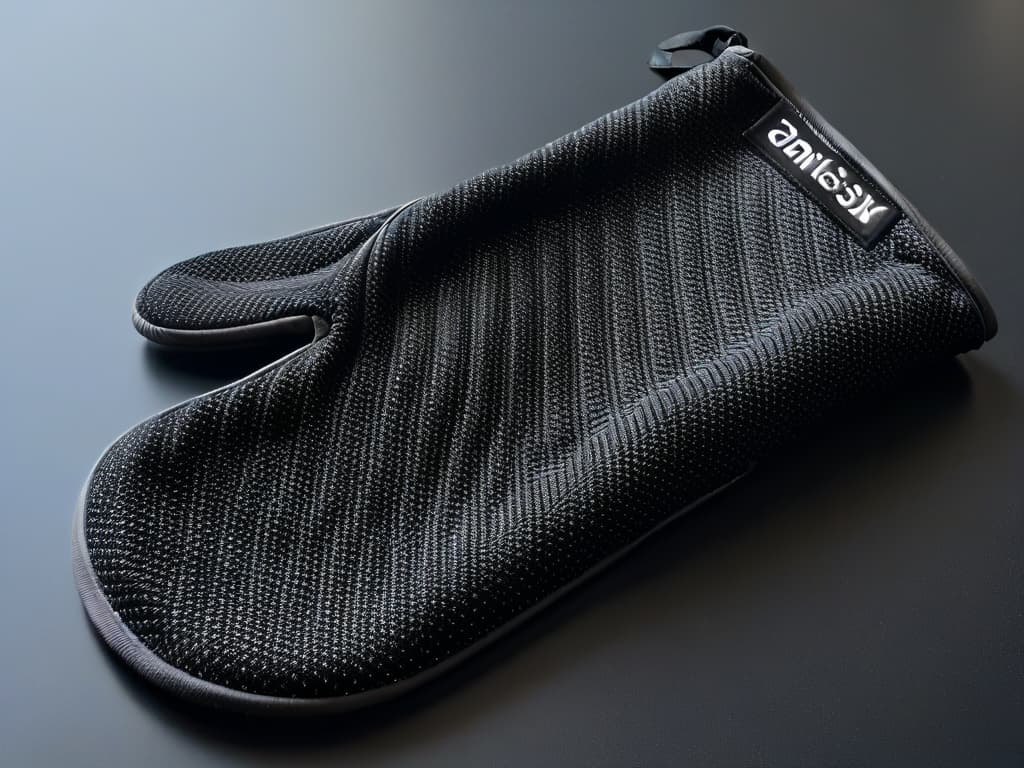  An ultradetailed closeup image of a sleek, modern oven glove made of highresistance material, showcasing intricate stitching and a stylish design with a subtle geometric pattern in shades of grey and black. The focus is on the texture and craftsmanship of the glove, highlighting its durability and contemporary aesthetic. hyperrealistic, full body, detailed clothing, highly detailed, cinematic lighting, stunningly beautiful, intricate, sharp focus, f/1. 8, 85mm, (centered image composition), (professionally color graded), ((bright soft diffused light)), volumetric fog, trending on instagram, trending on tumblr, HDR 4K, 8K