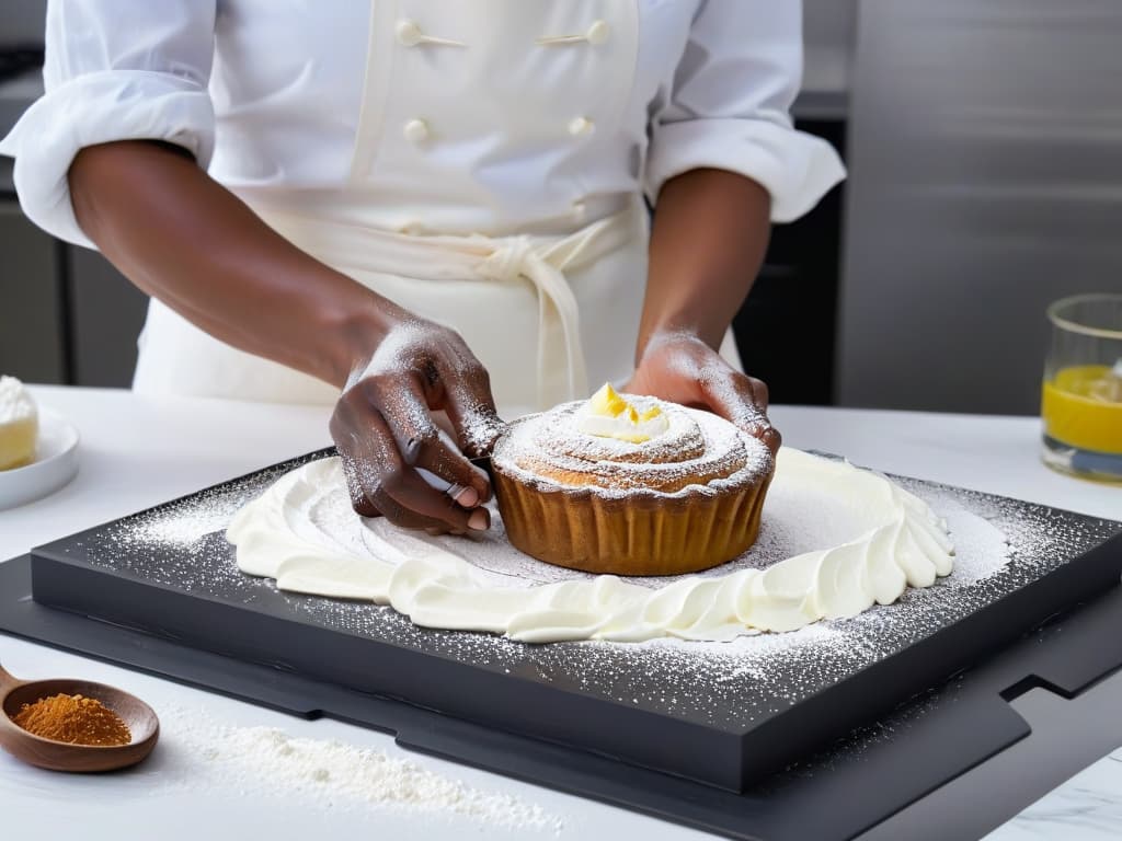  A minimalist black and white image showcasing a closeup of Lorraine Pascale's hands expertly crafting a delicate pastry, with flour dusting the surface lightly and a sleek modern kitchen setting in the background. The focus is on the precision and dedication in her culinary artistry, capturing the essence of her transformation from a model to a renowned chef. hyperrealistic, full body, detailed clothing, highly detailed, cinematic lighting, stunningly beautiful, intricate, sharp focus, f/1. 8, 85mm, (centered image composition), (professionally color graded), ((bright soft diffused light)), volumetric fog, trending on instagram, trending on tumblr, HDR 4K, 8K