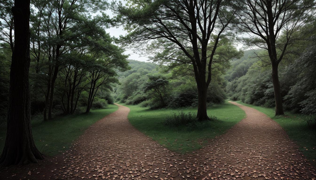  digital illustration, One paths diverging in a wood, one path clearly more worn than the other, suggesting choice and healthier direction, tranquil setting, contemplative mood, looking at viewer, dynamic pose, (intricate details, masterpiece, best quality)