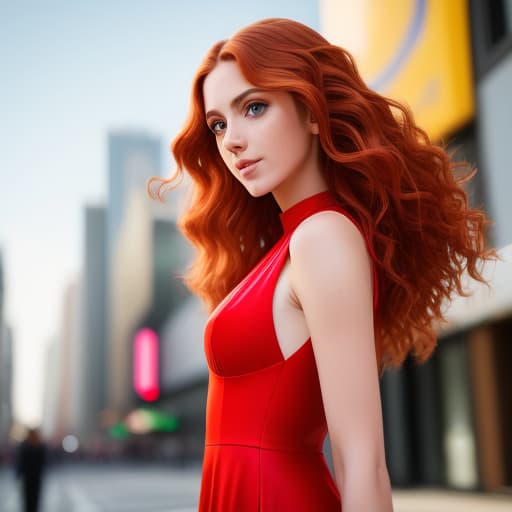  A young woman with long, curly auburn hair stands at the edge of a bustling city street, her eyes alight with excitement. She’s dressed in a vibrant red dress her hand raised in a wave as she spots a friend in the distance ,ultra realistic ,hyper detail, cinematic lighting,, Canon EOS R3, nikon, f/1.4, ISO 200, 1/160s,  RAW, unedited, symmetrical balance, in-frame, dslr, ultra quality, sharp focus, tack sharp, dof, film grain, Fujifilm XT3, crystal clear, 8K UHD, highly detailed glossy eyes, high detailed skin, skin pore