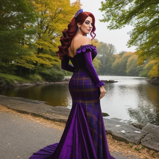  /send image of Amythyst, a woman with voluminous dark red hair in a loose gibson style wearing a purple tartan victorian gown while a picnic blanketSitting amidst the tranquil setting of a park near a picturesque pond, Amythyst captivates in her regal attire. Her magnificent hair, dark red and abundant, has been styled into an opulent gibson bun perched high atop her head, with tendrils spilling down her neck and back gracefully. It's secured by gold-plated combs, shining brightly against her sleek mane. The enchanting color purple is featured prominently as she wears a luscious tartan Victorian dress that descends past her ankles. Every curve and contour is highlighted by the gown's flowing silhouette – emphasizing t hyperrealistic, full body, detailed clothing, highly detailed, cinematic lighting, stunningly beautiful, intricate, sharp focus, f/1. 8, 85mm, (centered image composition), (professionally color graded), ((bright soft diffused light)), volumetric fog, trending on instagram, trending on tumblr, HDR 4K, 8K