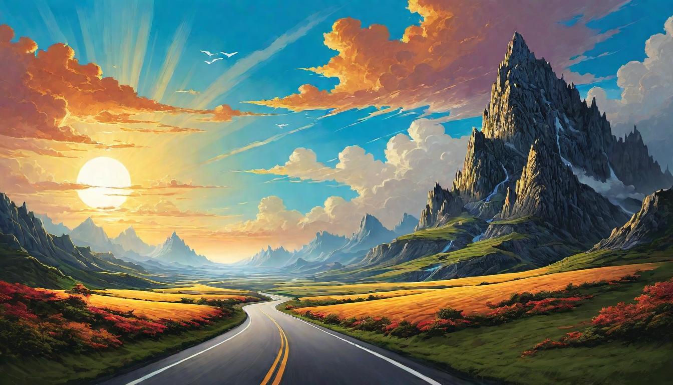  （surrealism)Open road winding through diverse landscapes, sunlit path, various terrains symbolizing trials and triumphs, vibrant colors, horizon suggesting hope and future journeys, inspiring, uplifting mystic, intricate details, best quality)