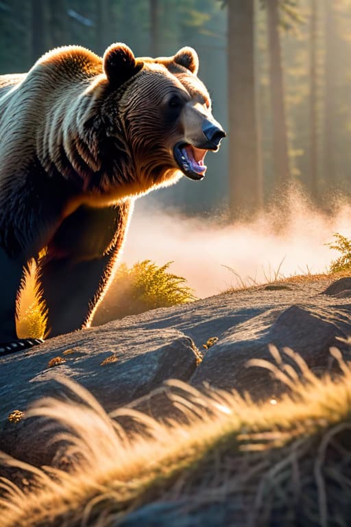  Bear roaring hyperrealistic, full body, detailed clothing, highly detailed, cinematic lighting, stunningly beautiful, intricate, sharp focus, f/1. 8, 85mm, (centered image composition), (professionally color graded), ((bright soft diffused light)), volumetric fog, trending on instagram, trending on tumblr, HDR 4K, 8K