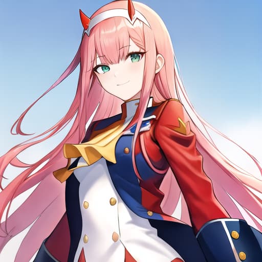  zero two (darling in the franxx), darling in the franxx, 1girl, ascot, bangs, blue background, green eyes, hairband, horns, long hair, long sleeves, looking at viewer, red jacket, closed jacket, military uniform, oni horns, orange ascot, pink hair, red horns, simple background, smile, solo, standing, uniform, white hairband, ((masterpiece)), (( Man )), (( deep eyes )), (( hazel eyes )), (( navy blue hair )), (( styled hair )), (( fully-clothed attire ))
