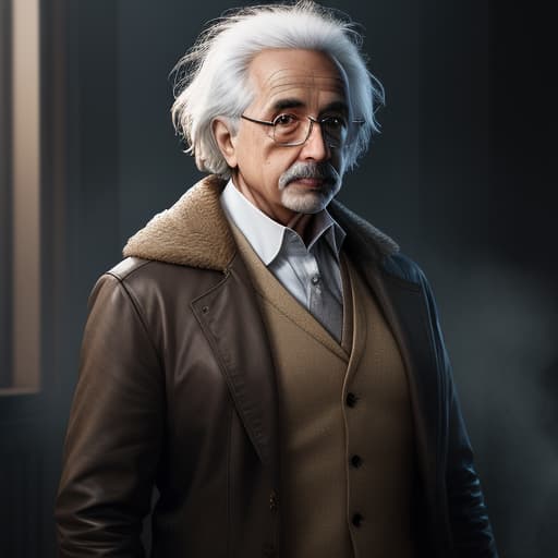  Albert Einstein hyperrealistic, full body, detailed clothing, highly detailed, cinematic lighting, stunningly beautiful, intricate, sharp focus, f/1. 8, 85mm, (centered image composition), (professionally color graded), ((bright soft diffused light)), volumetric fog, trending on instagram, trending on tumblr, HDR 4K, 8K