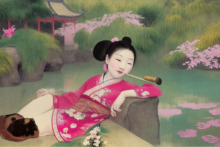  Happy Beautiful young Chinese reclining with pink cheeks and moist red lips. Background is a Chinese garden with animals. Painting style of Edgar Degas