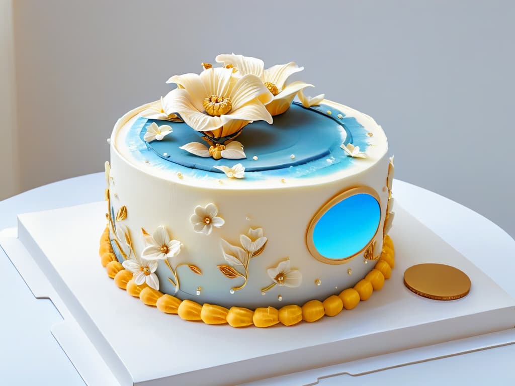  An 8k ultradetailed image of a virtual reality headset hovering above an elegant, intricately decorated cake. The cake features lifelike details such as delicate fondant flowers, shimmering edible gold accents, and perfectly piped frosting swirls. The VR headset casts a soft glow, emphasizing its importance in modern pastry artistry. The minimalist composition highlights the fusion of technology and traditional craftsmanship in the world of baking. hyperrealistic, full body, detailed clothing, highly detailed, cinematic lighting, stunningly beautiful, intricate, sharp focus, f/1. 8, 85mm, (centered image composition), (professionally color graded), ((bright soft diffused light)), volumetric fog, trending on instagram, trending on tumblr, HDR 4K, 8K