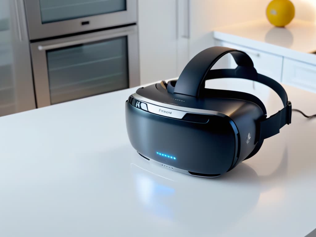  A closeup, ultradetailed 8k image of a virtual reality headset placed delicately on top of a sleek, modern kitchen counter. The countertop is immaculately clean, with a hint of reflection visible on its polished surface. The VR headset is lit from above, casting a soft shadow underneath, showcasing its intricate design and futuristic allure. The overall aesthetic is minimalist, with a focus on sleek lines and hightech sophistication. hyperrealistic, full body, detailed clothing, highly detailed, cinematic lighting, stunningly beautiful, intricate, sharp focus, f/1. 8, 85mm, (centered image composition), (professionally color graded), ((bright soft diffused light)), volumetric fog, trending on instagram, trending on tumblr, HDR 4K, 8K