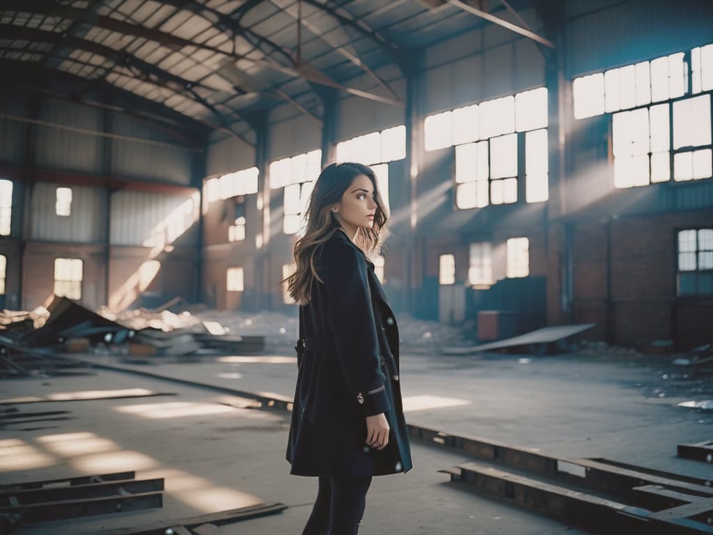  cinematic photo Girl standing on abandoned warehouse . 35mm photograph, film, bokeh, professional, 4k, highly detailed
