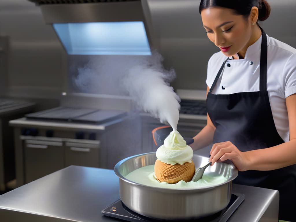  An ultracreamy ice cream being made with liquid nitrogen in a sleek, modern kitchen setting. The liquid nitrogen billows out dramatically, enveloping the stainless steel mixing bowl as the chef expertly churns the mixture. The countertops glisten with droplets of condensation, and various hightech kitchen gadgets and tools are neatly arranged in the background, adding to the futuristic and professional ambiance. hyperrealistic, full body, detailed clothing, highly detailed, cinematic lighting, stunningly beautiful, intricate, sharp focus, f/1. 8, 85mm, (centered image composition), (professionally color graded), ((bright soft diffused light)), volumetric fog, trending on instagram, trending on tumblr, HDR 4K, 8K