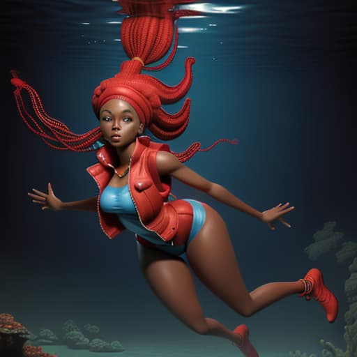  african woman with giant booty and legs in red vest and blue strings walking underwater